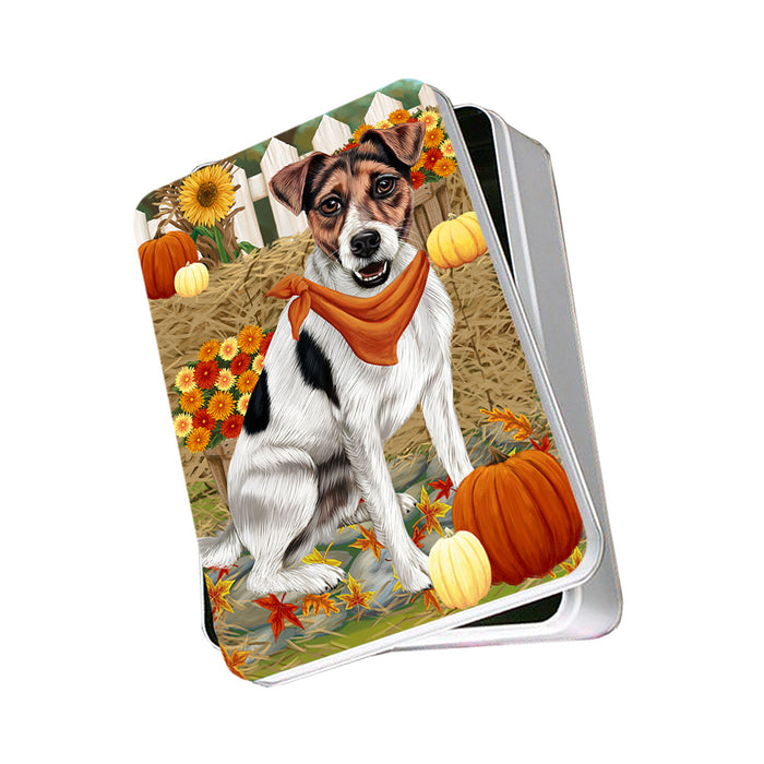 Fall Autumn Greeting Jack Russell Terrier Dog with Pumpkins Photo Storage Tin PITN50766
