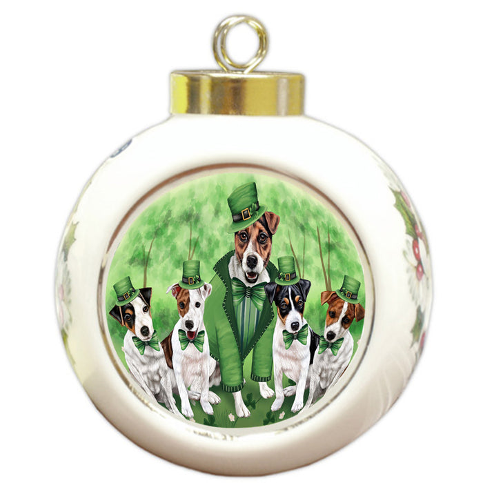St. Patricks Day Irish Family Portrait Jack Russell Terriers Dog Round Ball Christmas Ornament RBPOR48821