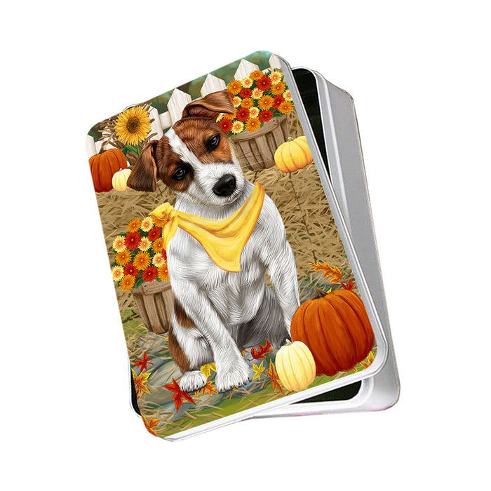 Fall Autumn Greeting Jack Russell Terrier Dog with Pumpkins Photo Storage Tin PITN50767