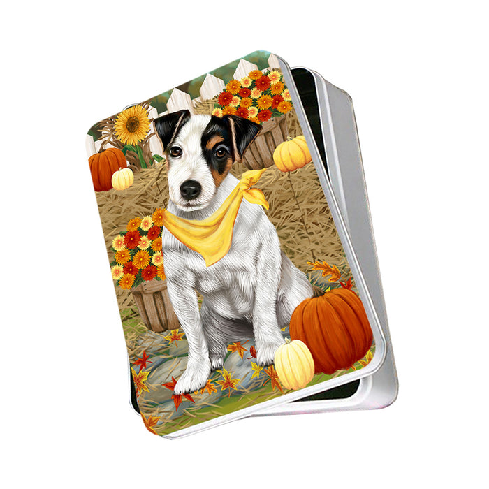 Fall Autumn Greeting Jack Russell Terrier Dog with Pumpkins Photo Storage Tin PITN50768