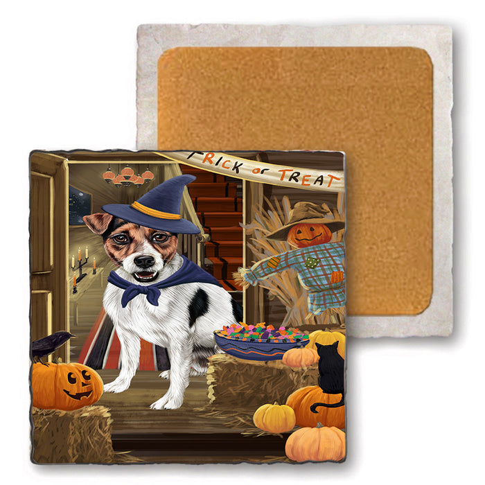 Enter at Own Risk Trick or Treat Halloween Jack Russell Terrier Dog Set of 4 Natural Stone Marble Tile Coasters MCST48164