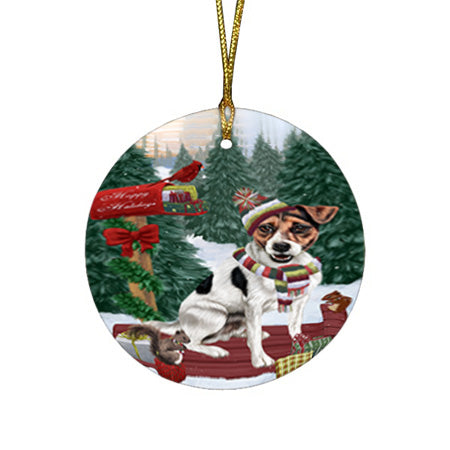 Merry Christmas Woodland Sled Jack Russell Terrier Dog Round Flat Christmas Ornament RFPOR55310
