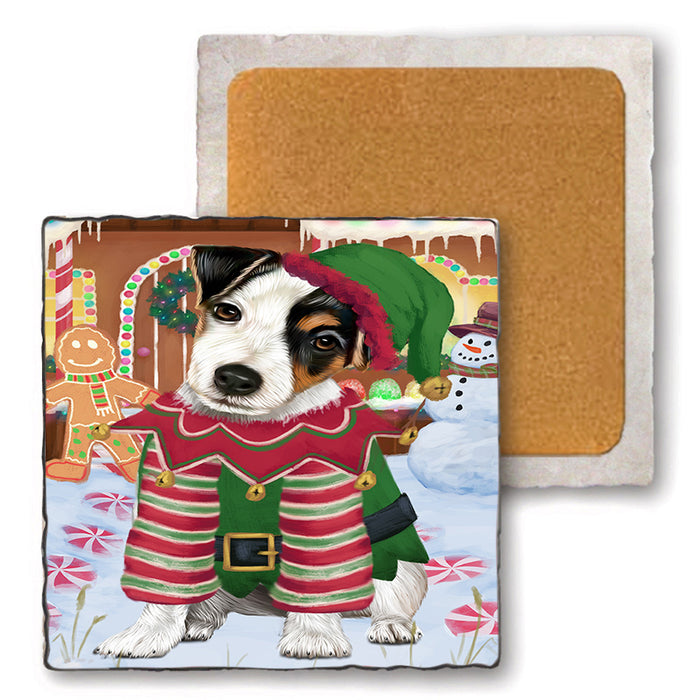 Christmas Gingerbread House Candyfest Jack Russell Terrier Dog Set of 4 Natural Stone Marble Tile Coasters MCST51366