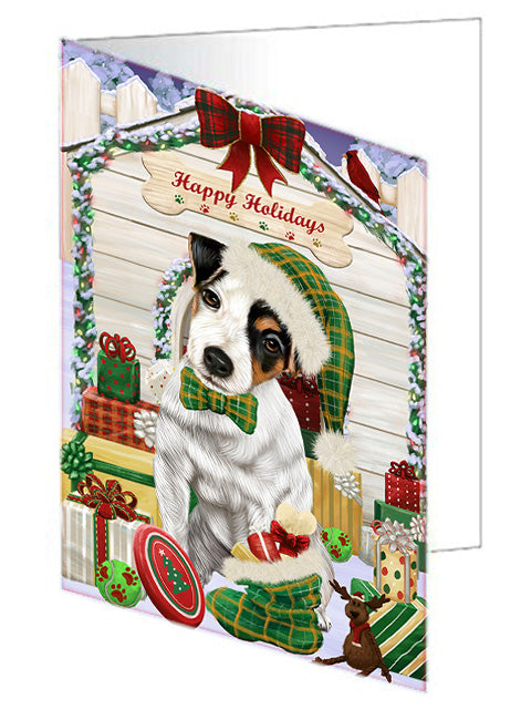 Happy Holidays Christmas Jack Russell Terrier Dog House with Presents Handmade Artwork Assorted Pets Greeting Cards and Note Cards with Envelopes for All Occasions and Holiday Seasons GCD58325