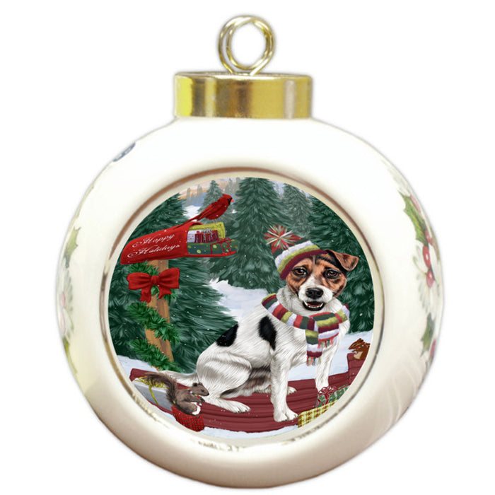 Merry Christmas Woodland Sled Jack Russell Terrier Dog Round Ball Christmas Ornament RBPOR55310