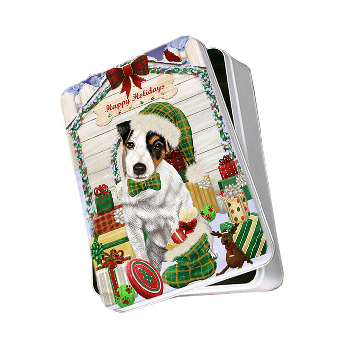 Happy Holidays Christmas Jack Russell Terrier Dog House with Presents Photo Storage Tin PITN51432