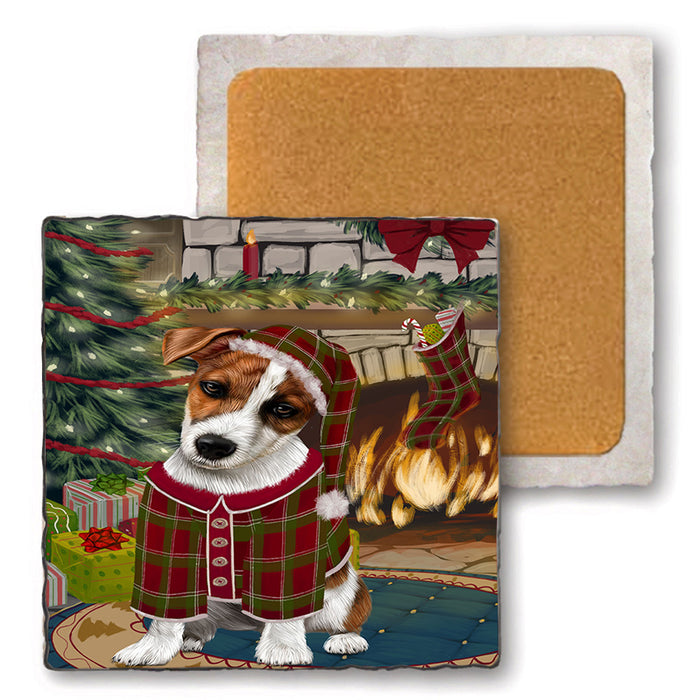 The Stocking was Hung Jack Russell Terrier Dog Set of 4 Natural Stone Marble Tile Coasters MCST50340