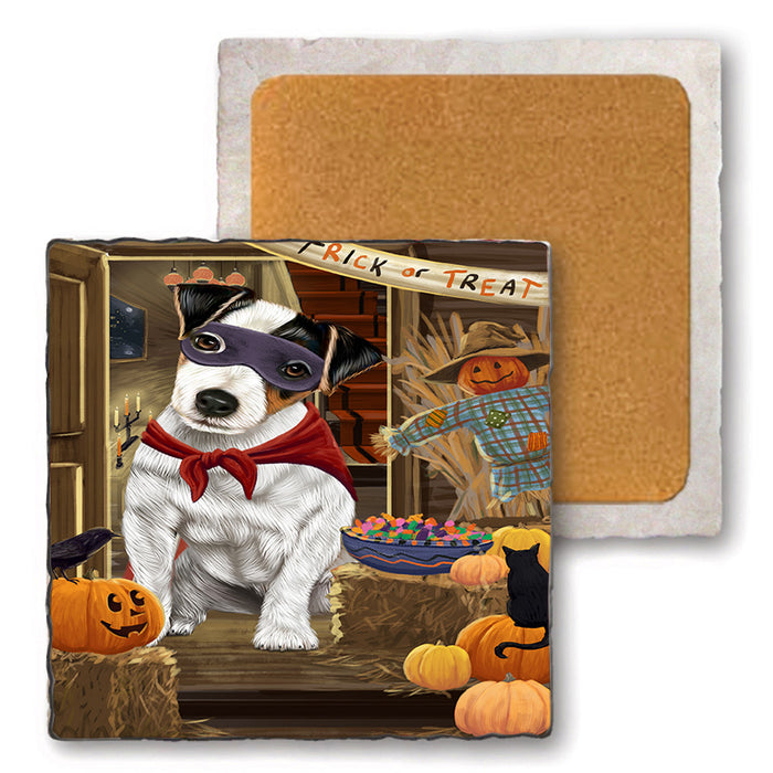 Enter at Own Risk Trick or Treat Halloween Jack Russell Terrier Dog Set of 4 Natural Stone Marble Tile Coasters MCST48165