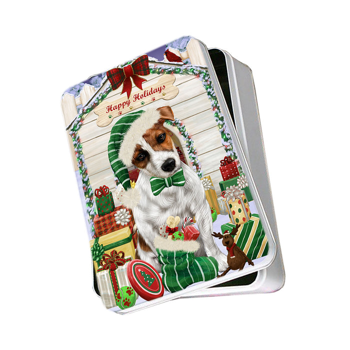 Happy Holidays Christmas Jack Russell Terrier Dog House with Presents Photo Storage Tin PITN51433