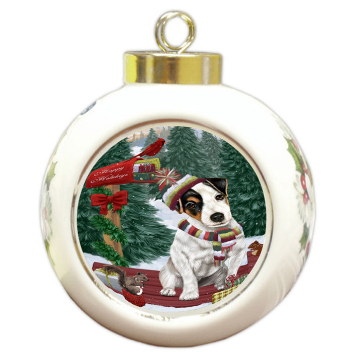 Merry Christmas Woodland Sled Jack Russell Terrier Dog Round Ball Christmas Ornament RBPOR55311