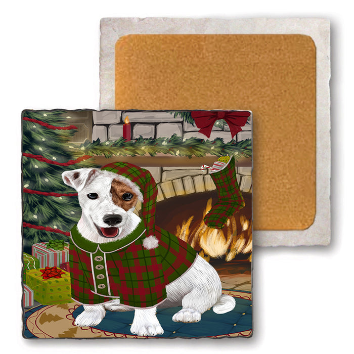 The Stocking was Hung Jack Russell Terrier Dog Set of 4 Natural Stone Marble Tile Coasters MCST50341