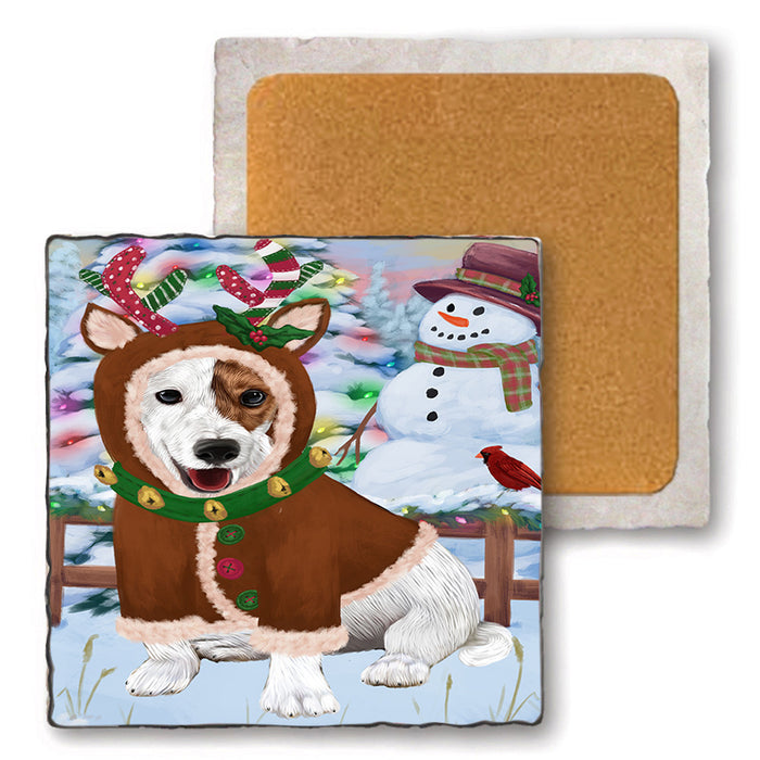Christmas Gingerbread House Candyfest Jack Russell Terrier Dog Set of 4 Natural Stone Marble Tile Coasters MCST51367
