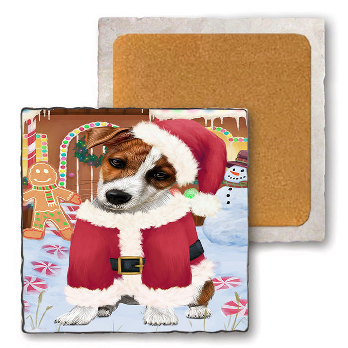 Christmas Gingerbread House Candyfest Jack Russell Terrier Dog Set of 4 Natural Stone Marble Tile Coasters MCST51368