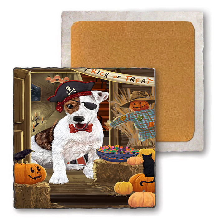 Enter at Own Risk Trick or Treat Halloween Jack Russell Terrier Dog Set of 4 Natural Stone Marble Tile Coasters MCST48166