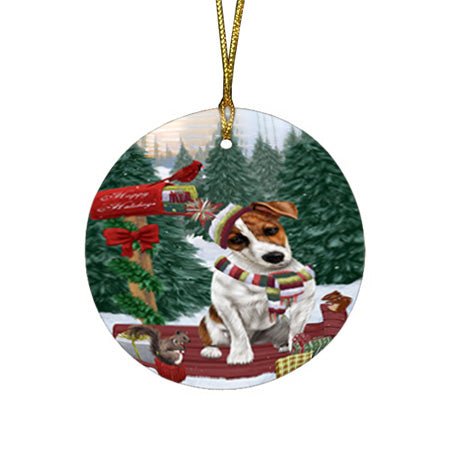Merry Christmas Woodland Sled Jack Russell Terrier Dog Round Flat Christmas Ornament RFPOR55312