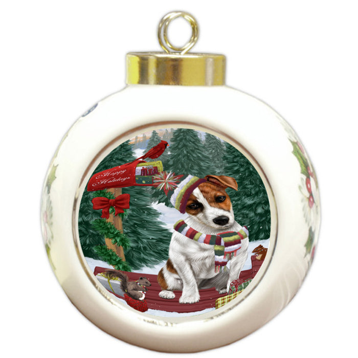 Merry Christmas Woodland Sled Jack Russell Terrier Dog Round Ball Christmas Ornament RBPOR55312