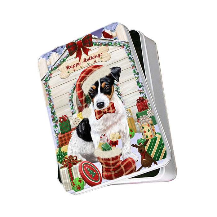 Happy Holidays Christmas Jack Russell Terrier Dog House with Presents Photo Storage Tin PITN51434