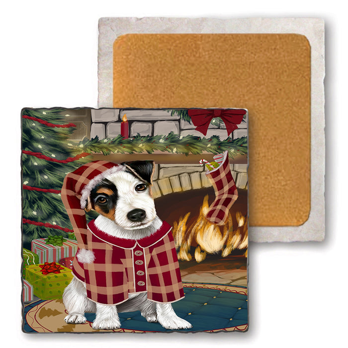 The Stocking was Hung Jack Russell Terrier Dog Set of 4 Natural Stone Marble Tile Coasters MCST50342