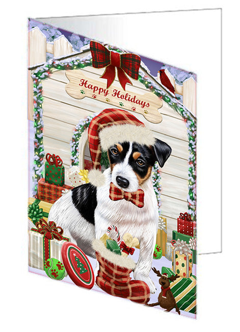 Happy Holidays Christmas Jack Russell Terrier Dog House with Presents Handmade Artwork Assorted Pets Greeting Cards and Note Cards with Envelopes for All Occasions and Holiday Seasons GCD58331