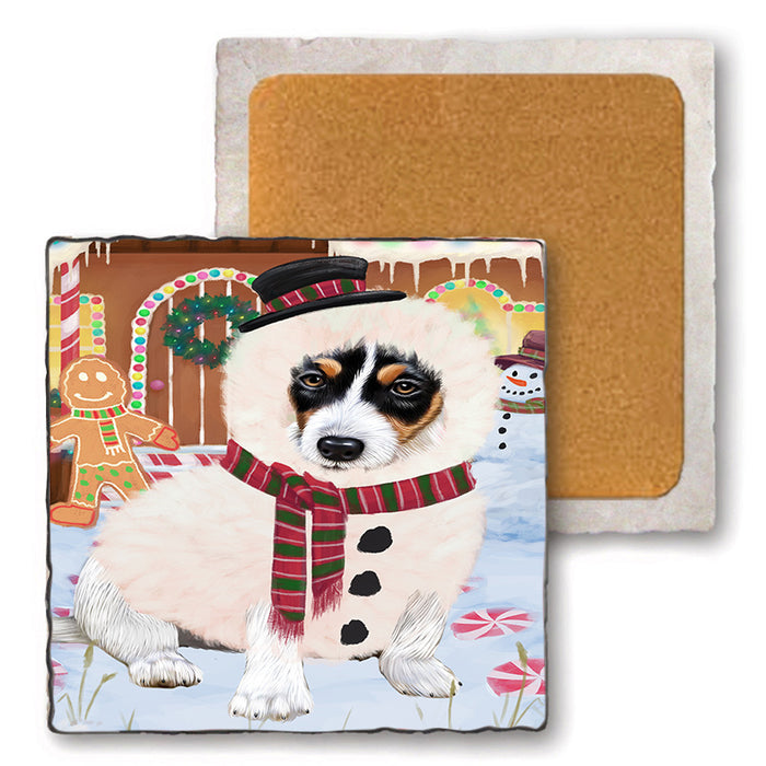 Christmas Gingerbread House Candyfest Jack Russell Terrier Dog Set of 4 Natural Stone Marble Tile Coasters MCST51369