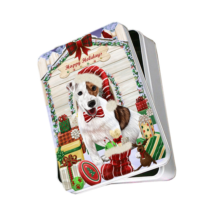 Happy Holidays Christmas Jack Russell Terrier Dog House with Presents Photo Storage Tin PITN51435