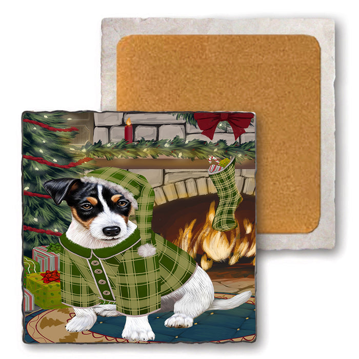 The Stocking was Hung Jack Russell Terrier Dog Set of 4 Natural Stone Marble Tile Coasters MCST50343