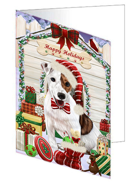 Happy Holidays Christmas Jack Russell Terrier Dog House with Presents Handmade Artwork Assorted Pets Greeting Cards and Note Cards with Envelopes for All Occasions and Holiday Seasons GCD58334
