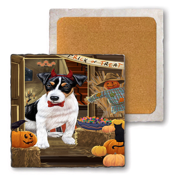 Enter at Own Risk Trick or Treat Halloween Jack Russell Terrier Dog Set of 4 Natural Stone Marble Tile Coasters MCST48167