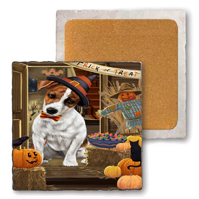 Enter at Own Risk Trick or Treat Halloween Jack Russell Terrier Dog Set of 4 Natural Stone Marble Tile Coasters MCST48168
