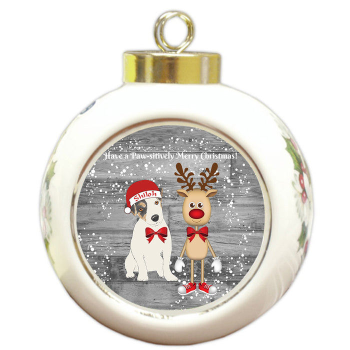 Custom Personalized Jack Russell Terrier Dog Reindeer and Pooch Christmas Round Ball Ornament