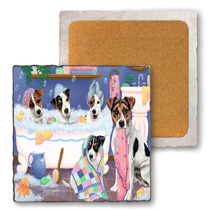 Rub A Dub Dogs In A Tub Jack Russell Terriers Dog Set of 4 Natural Stone Marble Tile Coasters MCST51797