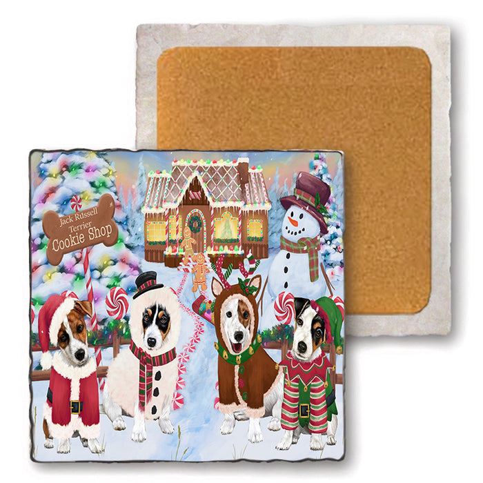 Holiday Gingerbread Cookie Shop Jack Russell Terriers Dog Set of 4 Natural Stone Marble Tile Coasters MCST51408