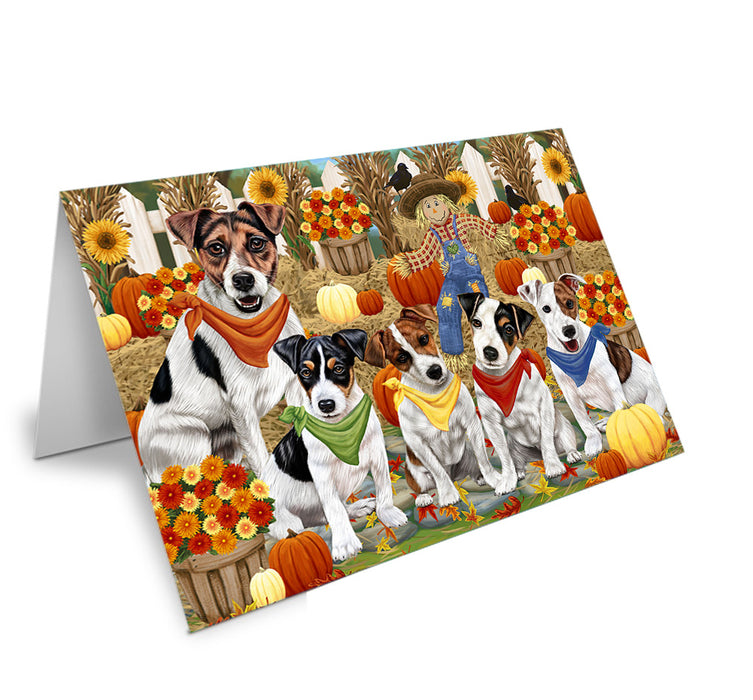 Fall Festive Gathering Jack Russell Terriers Dog with Pumpkins Handmade Artwork Assorted Pets Greeting Cards and Note Cards with Envelopes for All Occasions and Holiday Seasons GCD55973