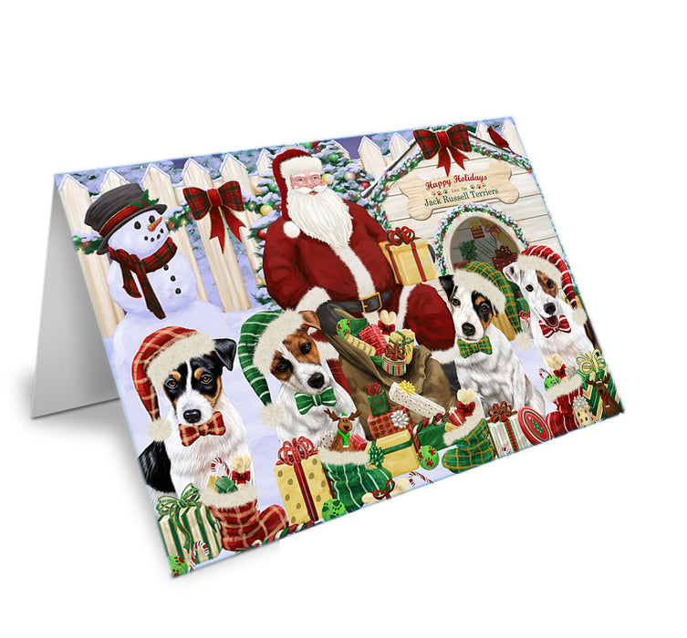 Happy Holidays Christmas Jack Russell Terriers Dog House Gathering Handmade Artwork Assorted Pets Greeting Cards and Note Cards with Envelopes for All Occasions and Holiday Seasons GCD58397