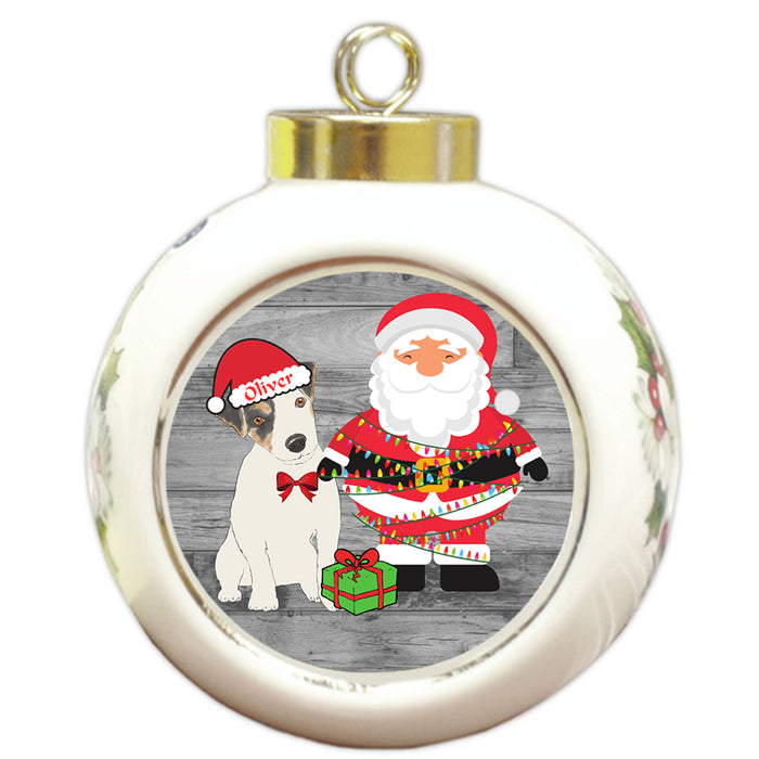 Custom Personalized Jack Russell Terrier Dog With Santa Wrapped in Light Christmas Round Ball Ornament