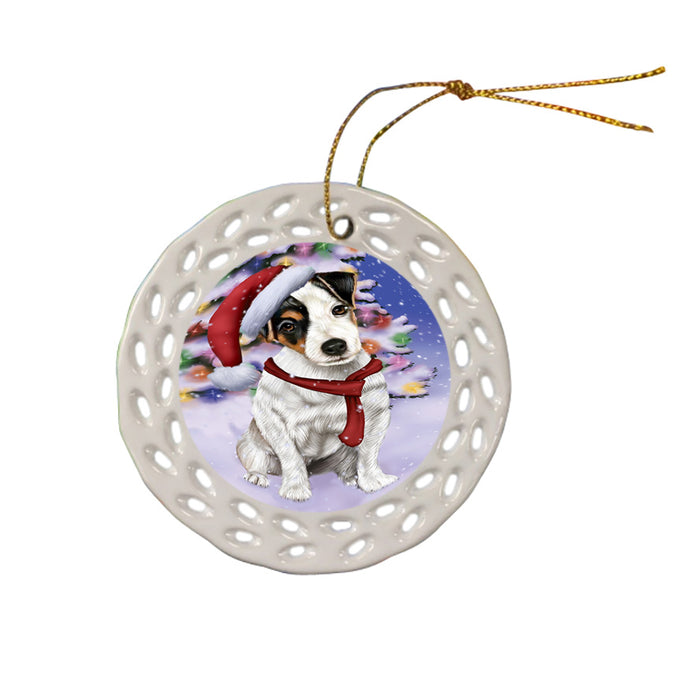 Winterland Wonderland Jack Russell Terrier Dog In Christmas Holiday Scenic Background  Ceramic Doily Ornament DPOR53397