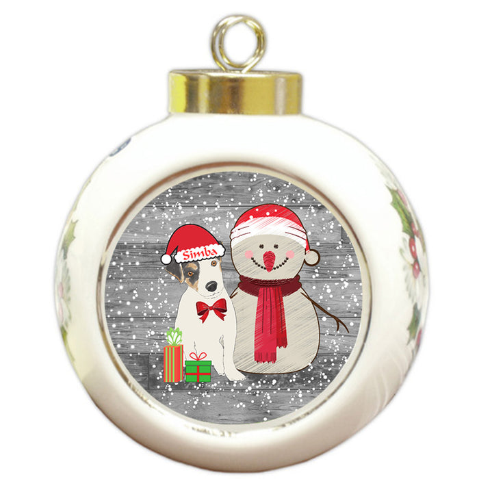 Custom Personalized Snowy Snowman and Jack Russell Terrier Dog Christmas Round Ball Ornament