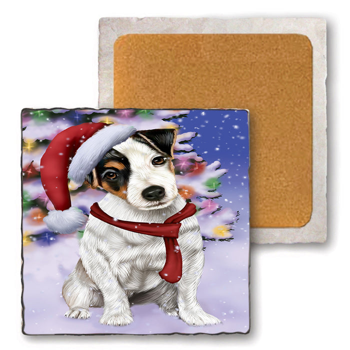 Winterland Wonderland Jack Russell Terrier Dog In Christmas Holiday Scenic Background  Set of 4 Natural Stone Marble Tile Coasters MCST48397