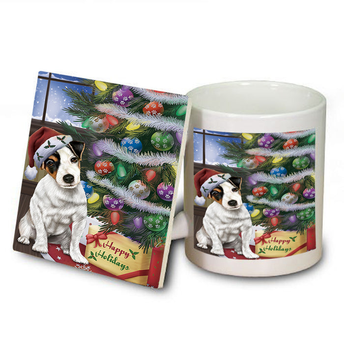 Christmas Happy Holidays Jack Russell Terrier Dog with Tree and Presents Mug and Coaster Set MUC53828