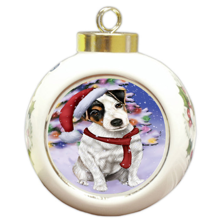 Winterland Wonderland Jack Russell Terrier Dog In Christmas Holiday Scenic Background  Round Ball Christmas Ornament RBPOR53397