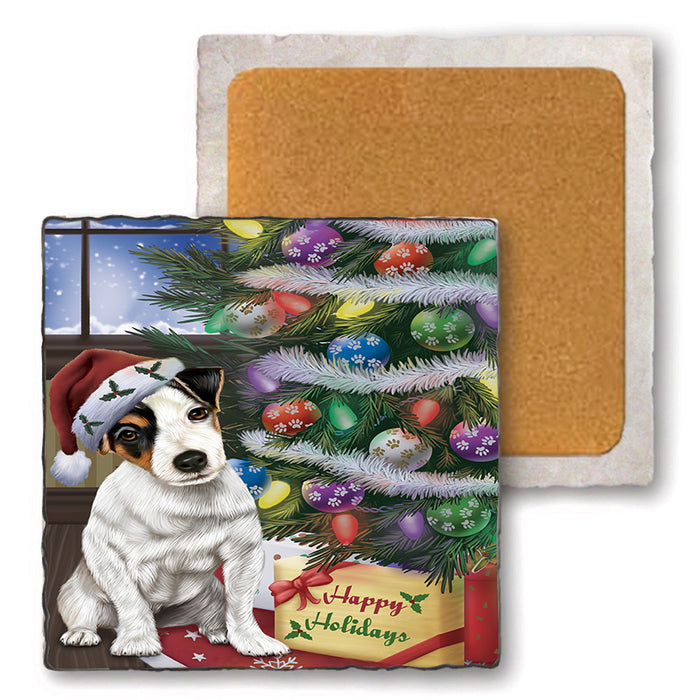 Christmas Happy Holidays Jack Russell Terrier Dog with Tree and Presents Set of 4 Natural Stone Marble Tile Coasters MCST48836