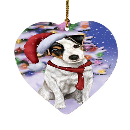 Winterland Wonderland Jack Russell Terrier Dog In Christmas Holiday Scenic Background  Heart Christmas Ornament HPOR53397