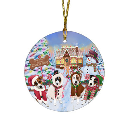 Holiday Gingerbread Cookie Shop Jack Russell Terriers Dog Round Flat Christmas Ornament RFPOR56764