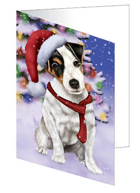 Winterland Wonderland Jack Russell Terrier Dog In Christmas Holiday Scenic Background  Handmade Artwork Assorted Pets Greeting Cards and Note Cards with Envelopes for All Occasions and Holiday Seasons GCD64220