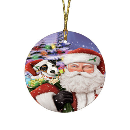 Santa Carrying Jack Russell Terrier Dog and Christmas Presents Round Flat Christmas Ornament RFPOR53985