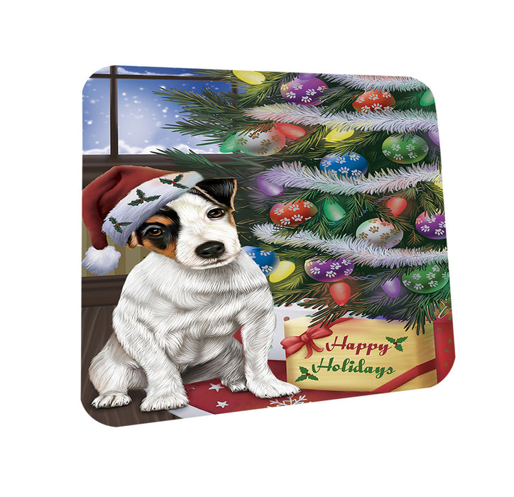 Christmas Happy Holidays Jack Russell Terrier Dog with Tree and Presents Coasters Set of 4 CST53794