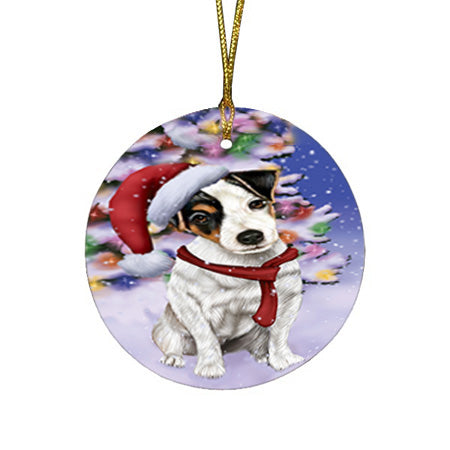 Winterland Wonderland Jack Russell Terrier Dog In Christmas Holiday Scenic Background  Round Flat Christmas Ornament RFPOR53388