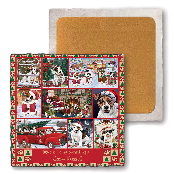 Love is Being Owned Christmas Jack Russell Terrier Dogs Set of 4 Natural Stone Marble Tile Coasters MCST52233