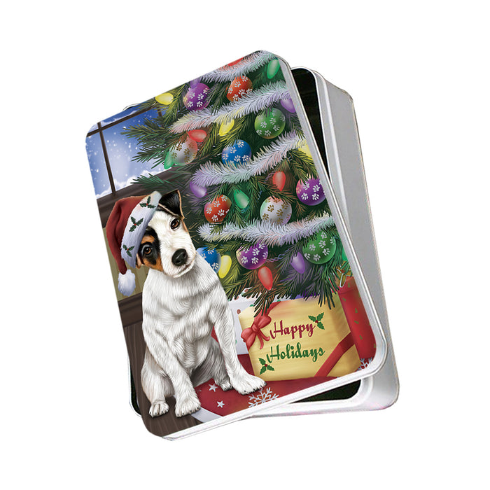 Christmas Happy Holidays Jack Russell Terrier Dog with Tree and Presents Photo Storage Tin PITN53779
