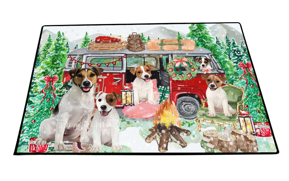 Christmas Time Camping with Jack Russell Dogs Floor Mat- Anti-Slip Pet Door Mat Indoor Outdoor Front Rug Mats for Home Outside Entrance Pets Portrait Unique Rug Washable Premium Quality Mat
